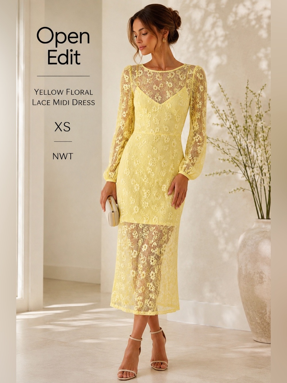 Open Edit XS Yellow Floral Lace Midi Dress Long Sleeve Sheer NWT Nordstrom